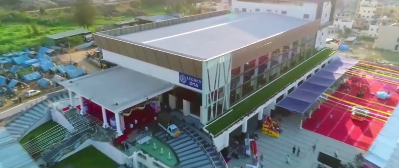 Aerial view of the convention center roof and forecourt
